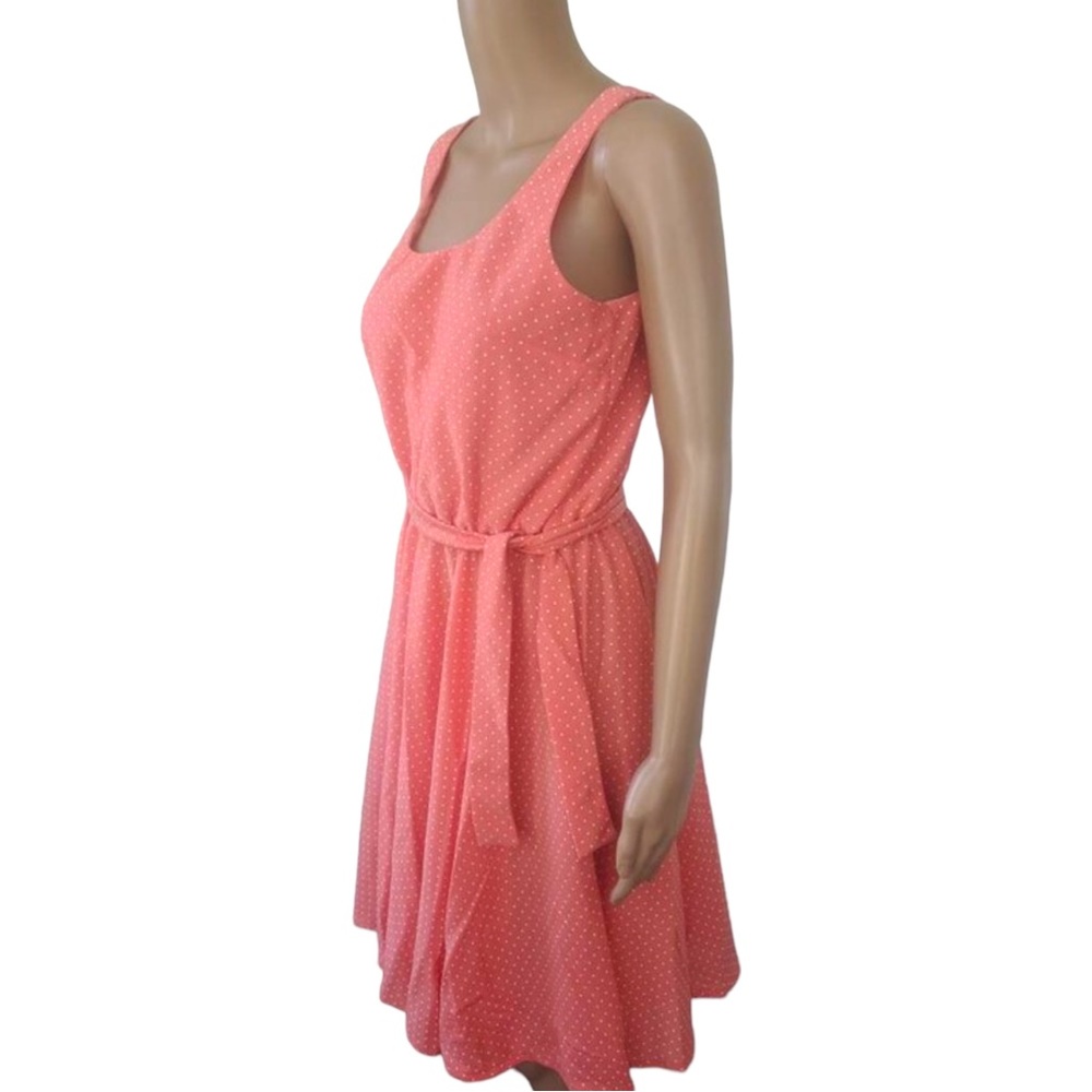 Vintage 70s Peach White Polka Dot Retro Sleeveless Dress with Full Skirt S